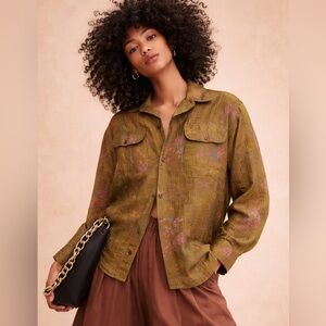 🌿 Trendy Free People Floral Moss Camp Shirt Top Greyed Olive Size: S (fits 6–8)